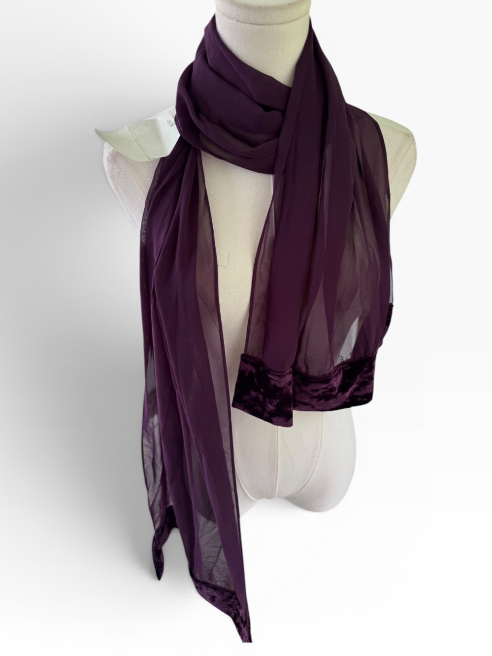 Plum Sheer Scarf NWT | Velvet Trim | Macy’s Return Tag | Elegant Lightweight